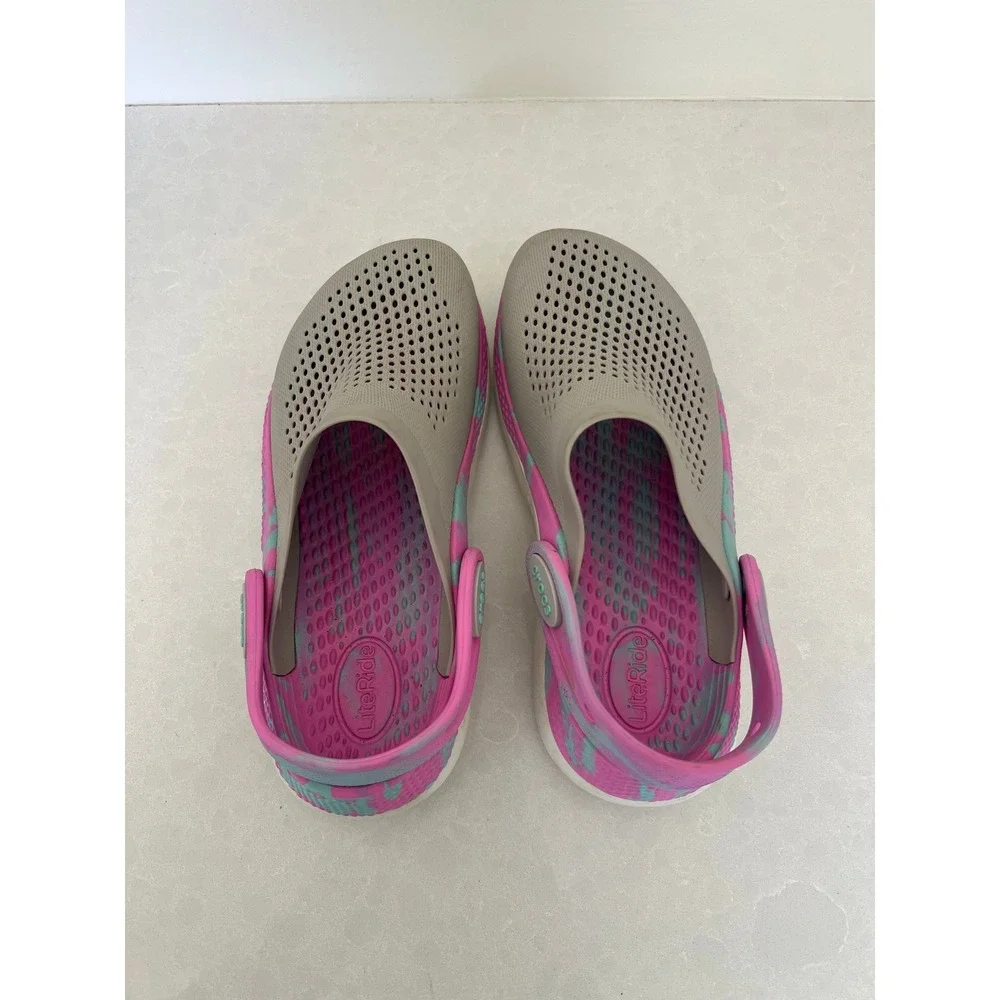 Crocs LiteRide Clogs Kids‎ J3 Grey Pink Teal Marble Swirl Slip On Shoes